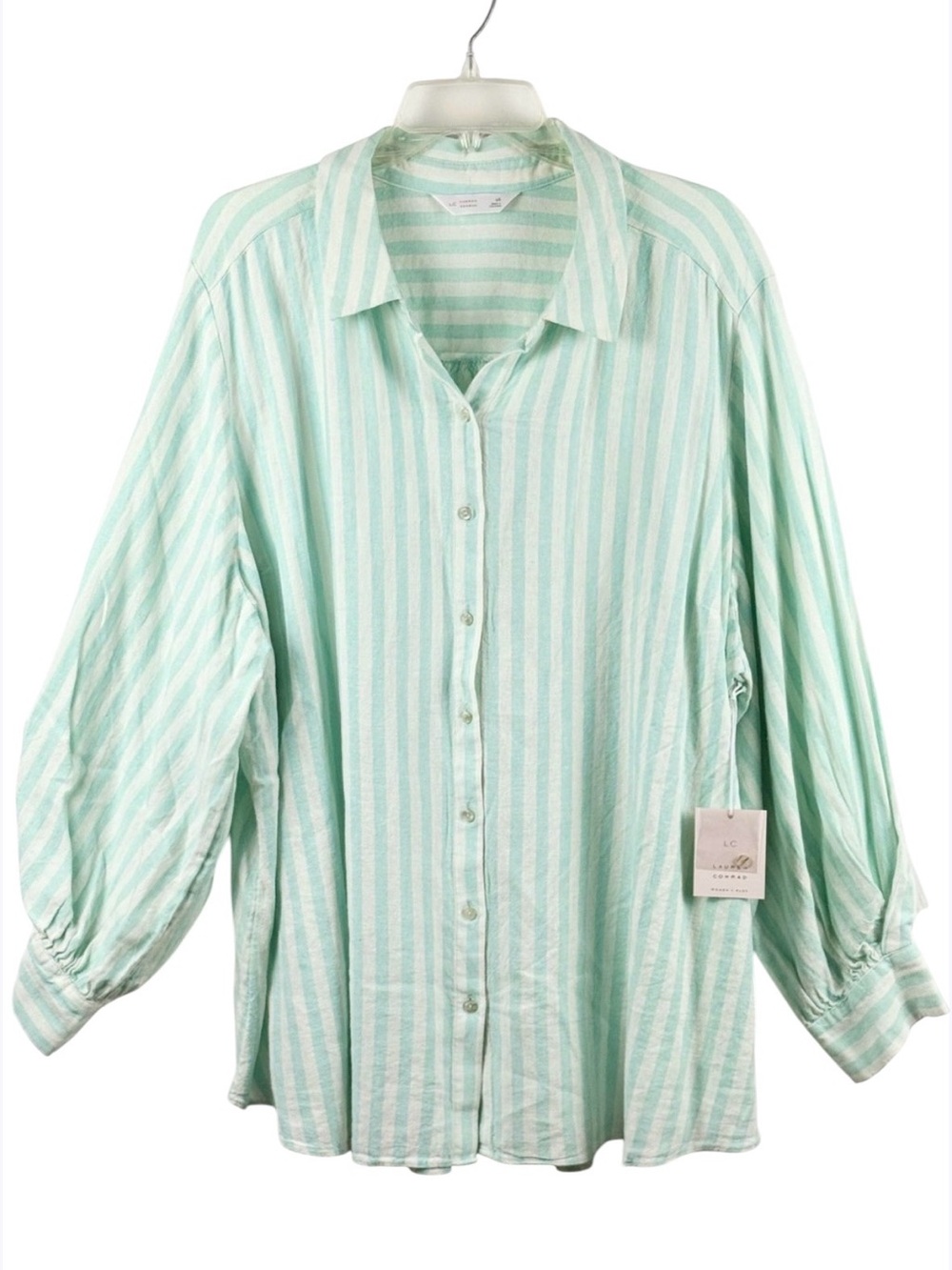 LC Lauren Conrad Linen Green & White Striped Shirt 2X